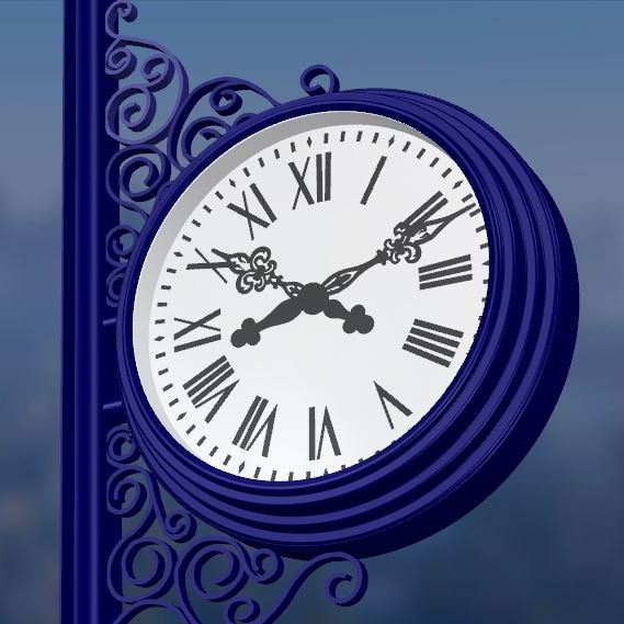 Двухсторонние уличные часы на кронштейне с элементами ковки.  Two-way street clock on a bracket with forging elements.